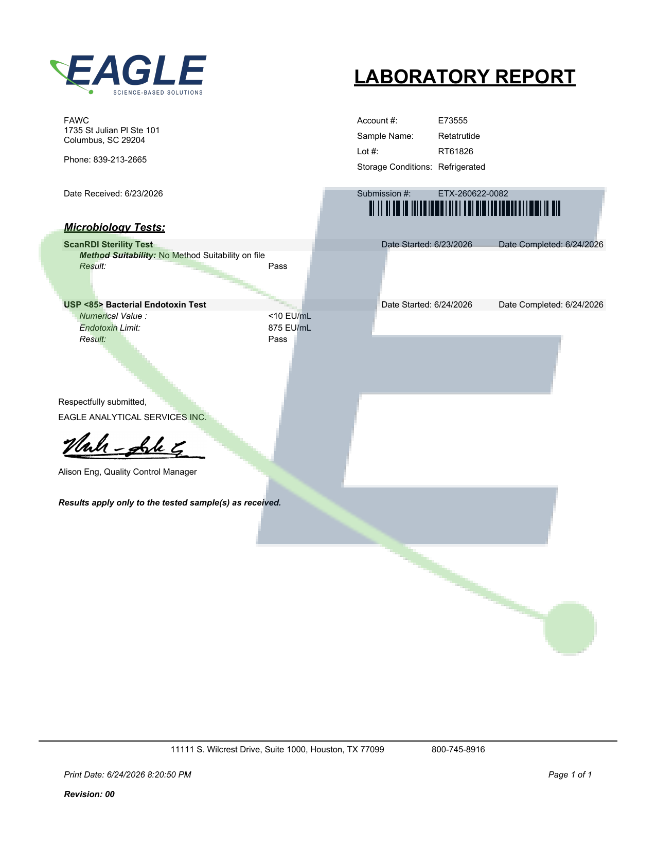 Certificate of Analysis — Retatrutide (lot RT61826)