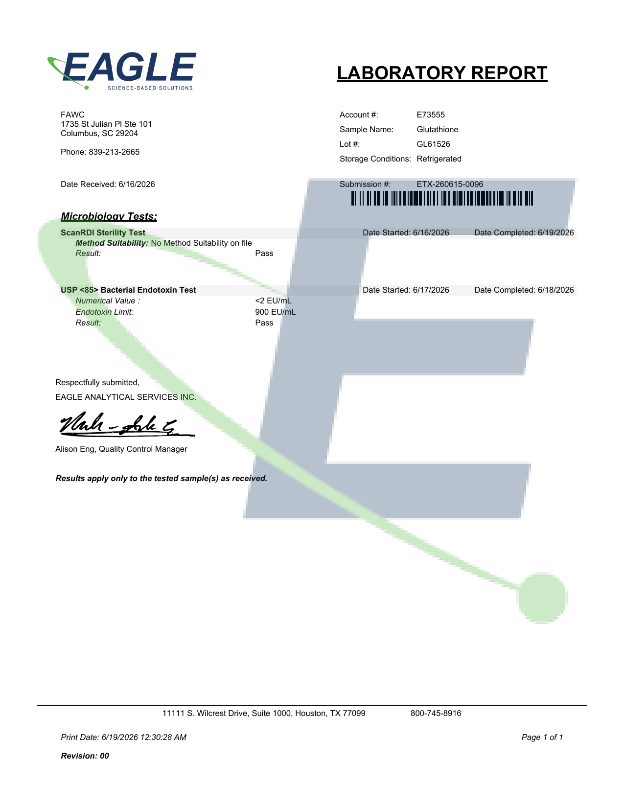 Certificate of Analysis — Glutathione (lot GL61526)