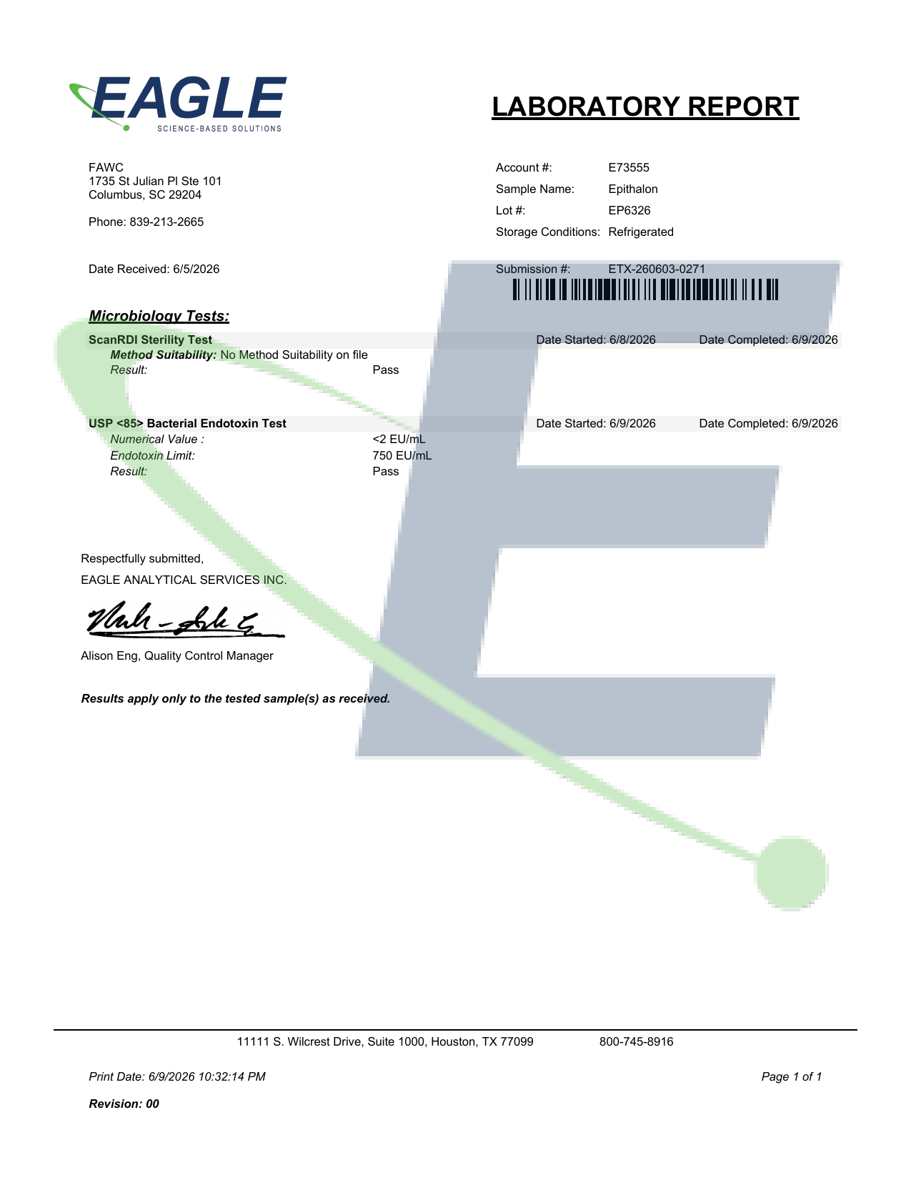 Certificate of Analysis — Epithalon (lot EP6326)