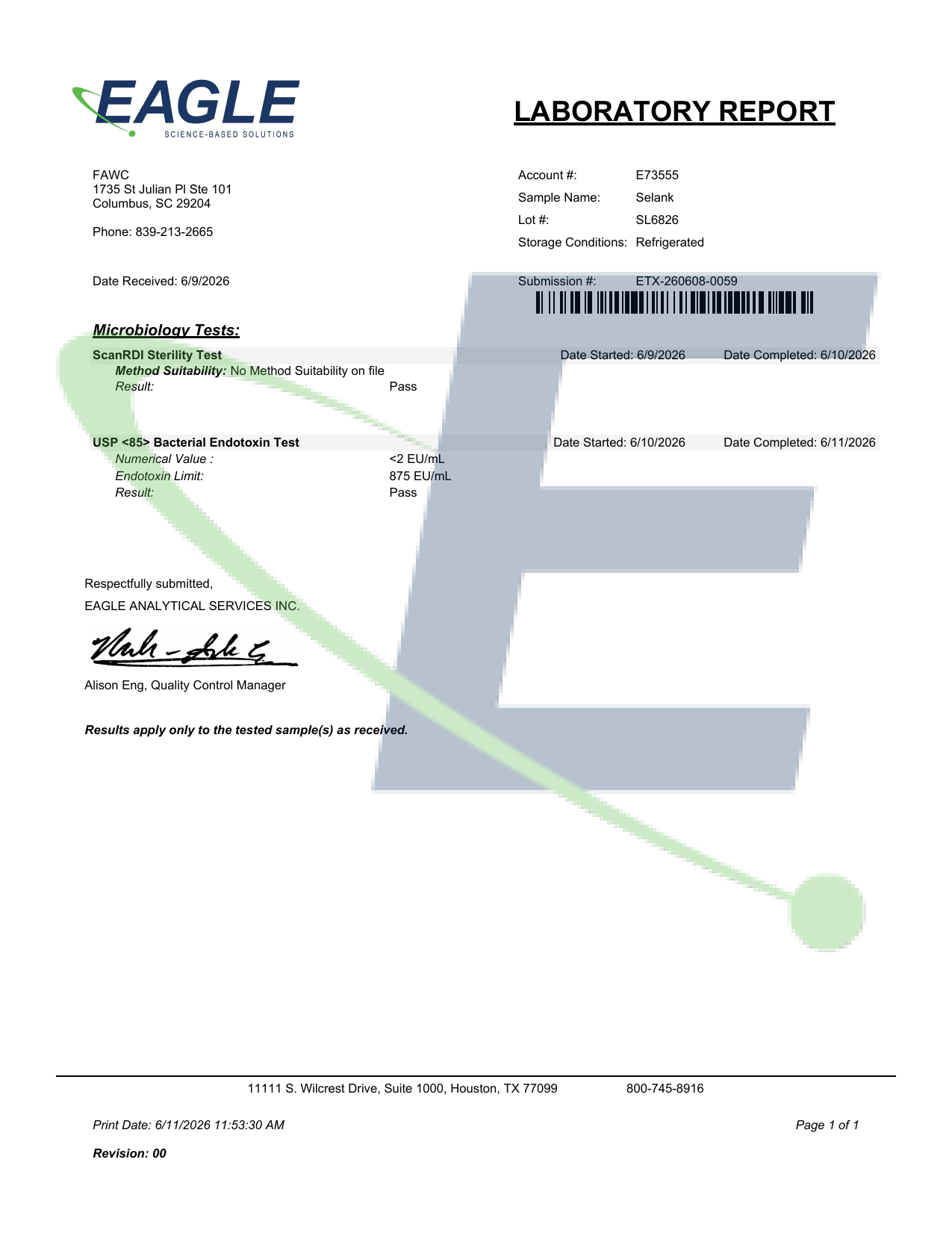Certificate of Analysis — Selank (lot SL6826)